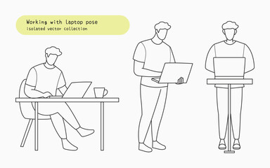 Man working with computer pose vector collection set. Vector doodle hand drawn of person working with computer sitting and standing. Simple and modern outline style 