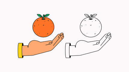Two hands holding oranges, one in full color and the other in outline style, showing a comparison in artistic styles cartoon hand drawn vector
