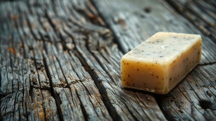 A beautifully crafted natural soap bar placed on a weathered wooden surface, emphasizing organic beauty and artisanal craftsmanship, ideal for wellness and skincare themes.