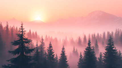 Forest landscape at sunrise with fog