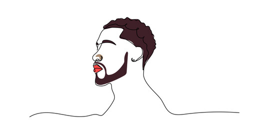 Continuous line drawing of an African American man on a white background. Profile illustration of a man with stylish beard and textured hair showcasing modern artistic design