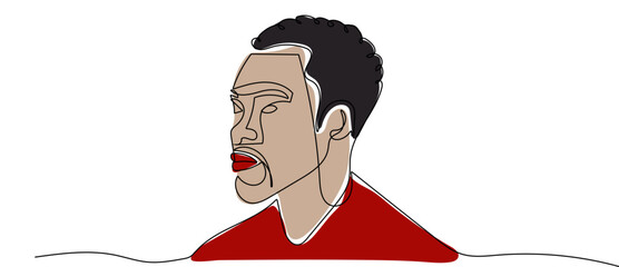 Continuous line drawing of an African American man on a white background. Abstract line drawing of a profile with bold colors and distinctive features