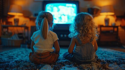 Two young children sit closely together, captivated by the flickering television light, surrounding them in warmth and comfort as they share a moment of enjoyment.