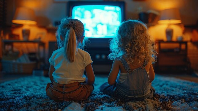 Two young children sit closely together, captivated by the flickering television light, surrounding them in warmth and comfort as they share a moment of enjoyment.