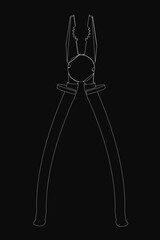 A pair of pliers is shown in black and white. The image is a stylized drawing of the pliers, with the focus on the tool's shape and form. The black and white color scheme adds a sense of simplicity