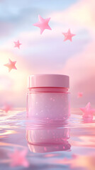 Pink jar with stars in water reflection