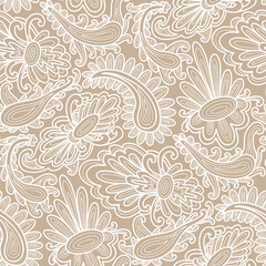 Paisley floral pattern, beige and white colors. Seamless floral pattern-741.