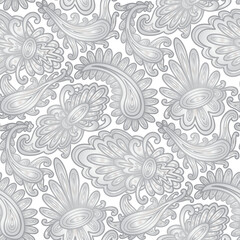 Paisley floral pattern, grey and white colors. Seamless floral pattern-740.