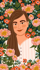 Vertical summer design with girl in flowers for phone wallpaper, printable girly digital background