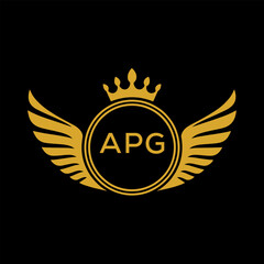 APG Royal Golden Wing Logo with Crown and Initials - Premium Brand Identity Design on Black Background. APG Letter Logo.
