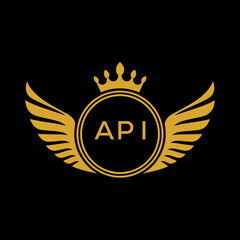 API Royal Golden Wing Logo with Crown and Initials - Premium Brand Identity Design on Black Background. API Letter Logo.
