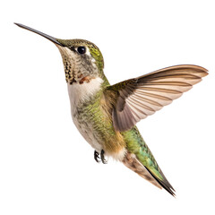 Fototapeta premium A close-up of a hummingbird in mid-flight. The bird has iridescent green and brown feathers, a long beak, and delicate wings spread wide.