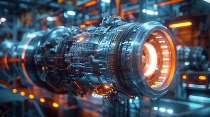 Obraz premium This image showcases a detailed futuristic engine component featuring intricate designs and vibrant glowing elements, highlighting advanced technology and engineering marvels.