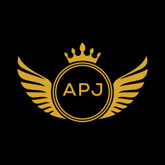 APJ Royal Golden Wing Logo with Crown and Initials - Premium Brand Identity Design on Black Background. APJ Letter Logo.
