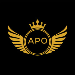 APO Royal Golden Wing Logo with Crown and Initials - Premium Brand Identity Design on Black Background. APO Letter Logo.
