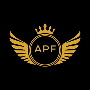 APF Royal Golden Wing Logo with Crown and Initials - Premium Brand Identity Design on Black Background. APF Letter Logo.
