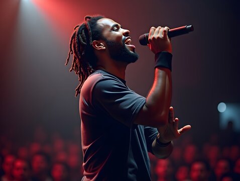 AI generated portrait of African American male singer with dreadlocks performing on stage, people and music background