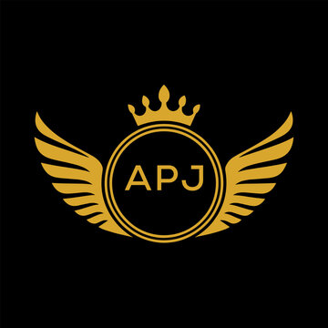 APJ Royal Golden Wing Logo with Crown and Initials - Premium Brand Identity Design on Black Background. APJ Letter Logo.
