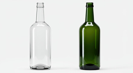 Two glass bottles standing side by side isolated on white background