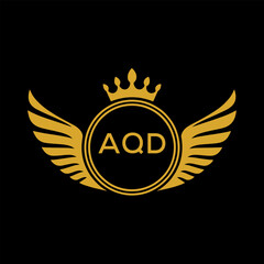 AQD Royal Golden Wing Logo with Crown and Initials - Premium Brand Identity Design on Black Background. AQD Letter Logo.
