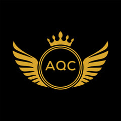 AQC Royal Golden Wing Logo with Crown and Initials - Premium Brand Identity Design on Black Background. AQC Letter Logo.
