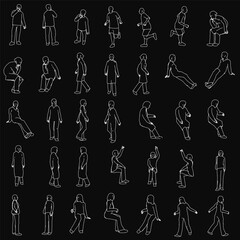 A series of black and white drawings of people in various poses, some of which are playing sports. Scene is energetic and dynamic, with the people appearing to be in motion