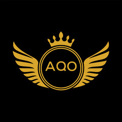 AQO Royal Golden Wing Logo with Crown and Initials - Premium Brand Identity Design on Black Background. AQO Letter Logo.
