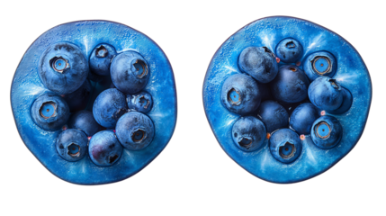 Macro view of fresh blueberries arranged in circular patterns, vibrant blue color with glossy texture. Ideal for food, nutrition, and health concepts. Transparent PNG.  