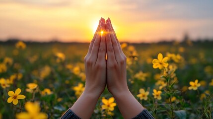 Hands clasped in prayer at sunset over a field of wildflowers © Yuyun