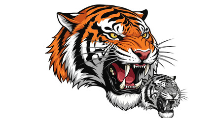 Roaring Tiger Heads: Orange and Gray Scale Vector Illustration