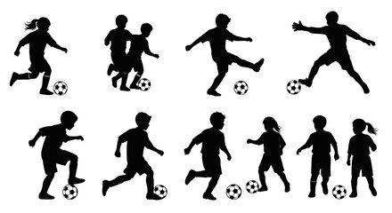 Silhouetted Children Playing Soccer with Footballs in Action