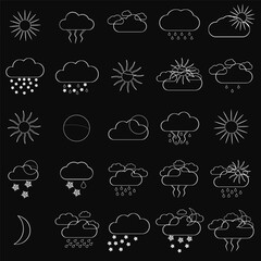 A collection of weather icons including rain, snow, and sun. The icons are all in black and white