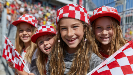 Cheering at the Race: A group of young girls, beaming with joy, proudly wave checkered flags while wearing matching hats at a racing event, embodying the exhilaration and camaraderie of the sport.