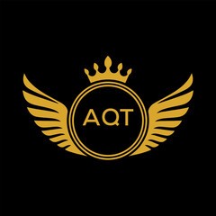 AQT Royal Golden Wing Logo with Crown and Initials - Premium Brand Identity Design on Black Background. AQT Letter Logo.
