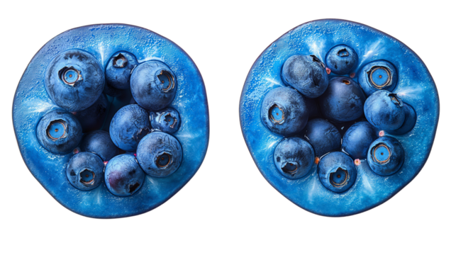 Macro view of fresh blueberries arranged in circular patterns, vibrant blue color with glossy texture. Ideal for food, nutrition, and health concepts. Transparent PNG.  