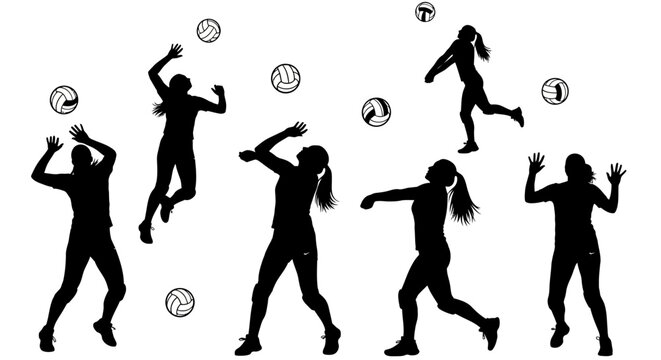 Silhouetted Volleyball Players in Action with Multiple Volleyballs