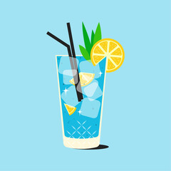 Blue lagoon cocktail in highball glass with ice cubes, lemons. Vector illustration.