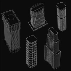 A series of tall buildings are shown in black and white. The buildings are all different shapes and sizes, with some being taller than others. Scene is one of urbanization and growth. Isometric view