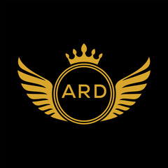 ARD Royal Golden Wing Logo with Crown and Initials - Premium Brand Identity Design on Black Background. ARD Letter Logo.
