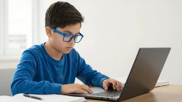 Focused boy using laptop for schoolwork at desk	