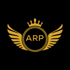 ARP Royal Golden Wing Logo with Crown and Initials - Premium Brand Identity Design on Black Background. ARP Letter Logo.
