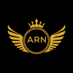 ARN Royal Golden Wing Logo with Crown and Initials - Premium Brand Identity Design on Black Background. ARN Letter Logo.
