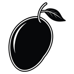 Simplified mango outline features a leafy stem in a minimalist black tone