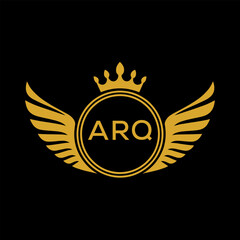 ARQ Royal Golden Wing Logo with Crown and Initials - Premium Brand Identity Design on Black Background. ARQ Letter Logo.
