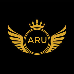 ARU Royal Golden Wing Logo with Crown and Initials - Premium Brand Identity Design on Black Background. ARU Letter Logo.
