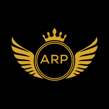 ARP Royal Golden Wing Logo with Crown and Initials - Premium Brand Identity Design on Black Background. ARP Letter Logo.
