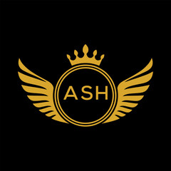 ASH Royal Golden Wing Logo with Crown and Initials - Premium Brand Identity Design on Black Background. ASH Letter Logo.
