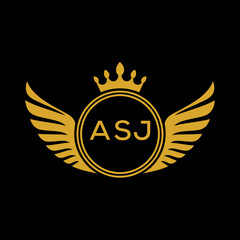 ASJ Royal Golden Wing Logo with Crown and Initials - Premium Brand Identity Design on Black Background. ASJ Letter Logo.
