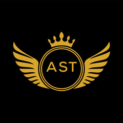 AST Royal Golden Wing Logo with Crown and Initials - Premium Brand Identity Design on Black Background. AST Letter Logo.
