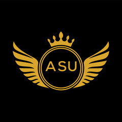 ASU Royal Golden Wing Logo with Crown and Initials - Premium Brand Identity Design on Black Background. ASU Letter Logo.
